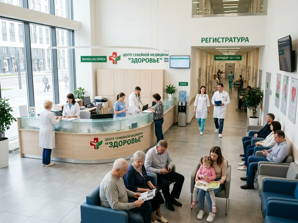 Современный российский медицинский центр: светлый холл с регистратурой, медицинский персонал в белых халатах, пациенты ожидают приёма