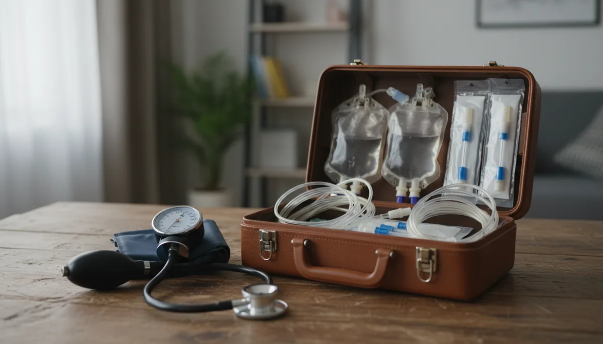Медицинский чемодан с инфузионными системами, тонометр, стетоскоп на домашнем столе